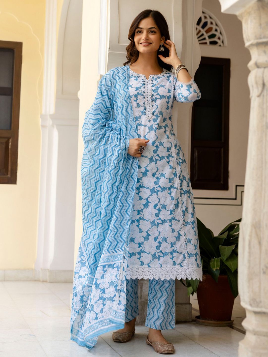 34923720_2 Women Cotton Kurta And Pant With Dupatta - Image 1