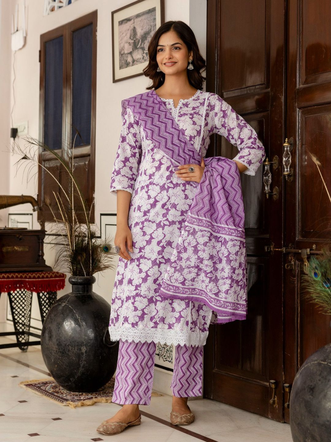 34923747_2 Women Cotton Kurta And Pant With Dupatta - Image 1