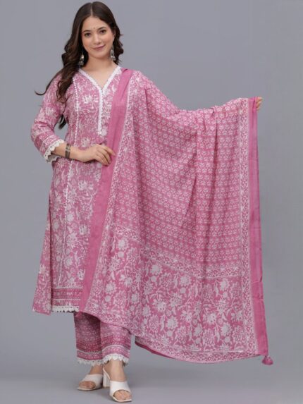 Women Cotton Kurta And Pant With Dupatta